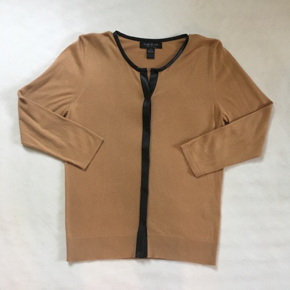 Classic Tan Cardigan with Faux Leather Trim
